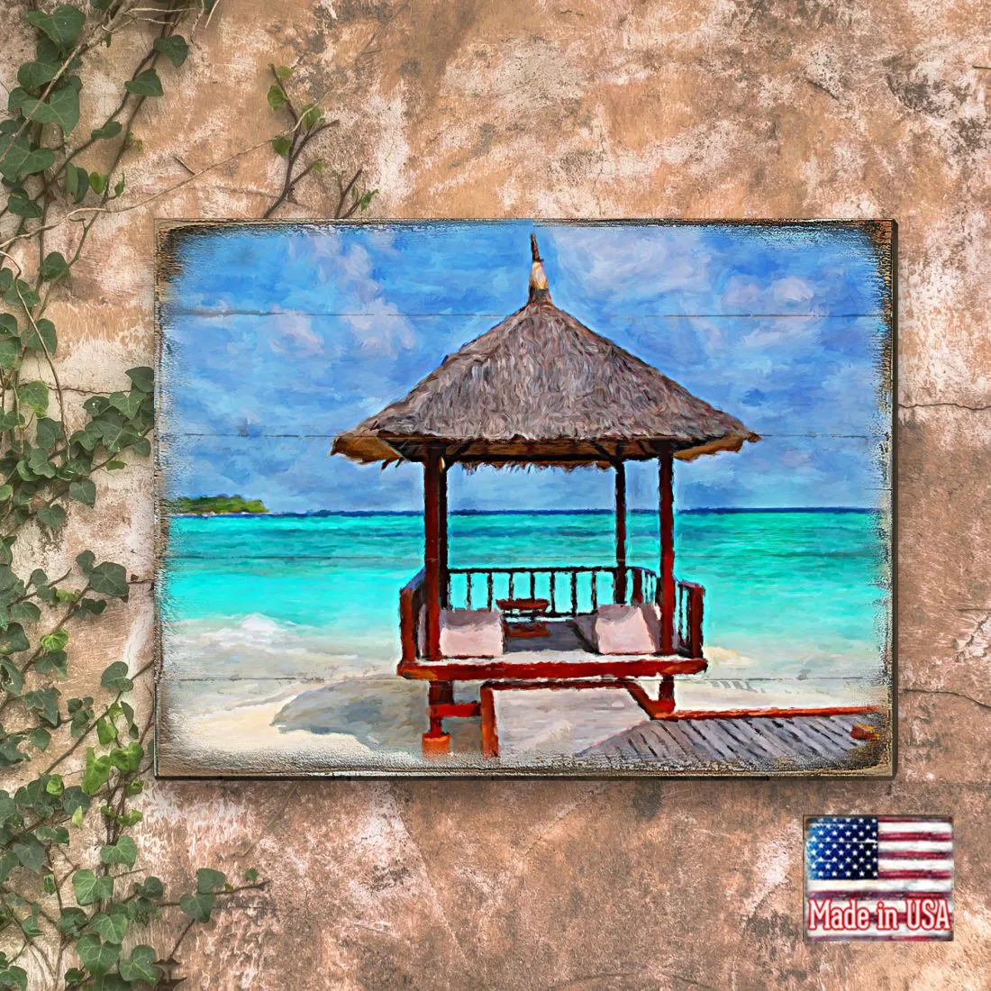 Beach Cabana Wood Wooden Coastal Wall Art by Nature Wonders - Coastal Sea-Life Décor - 95270B