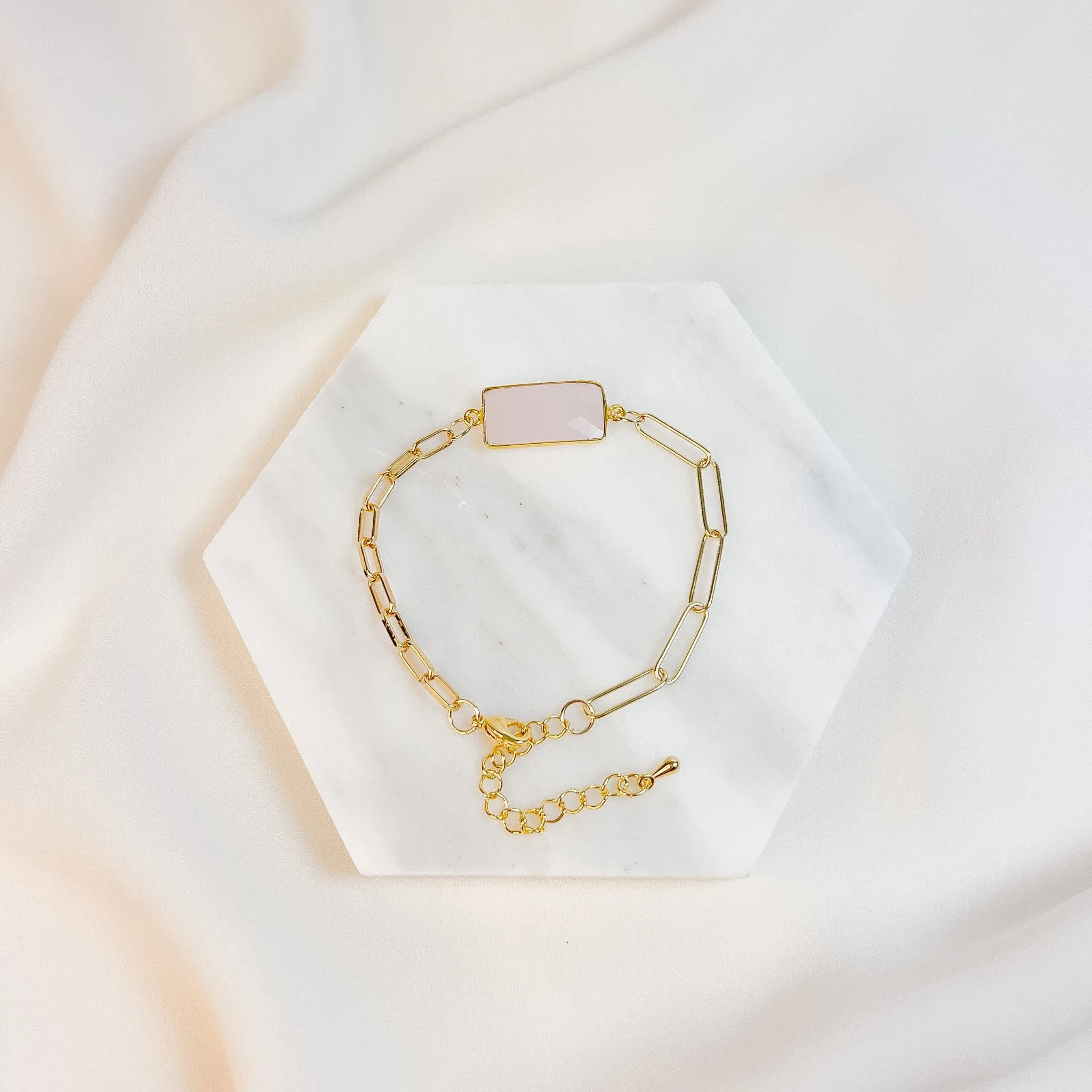 Gold Chain Rose Quartz Bezel Bracelet