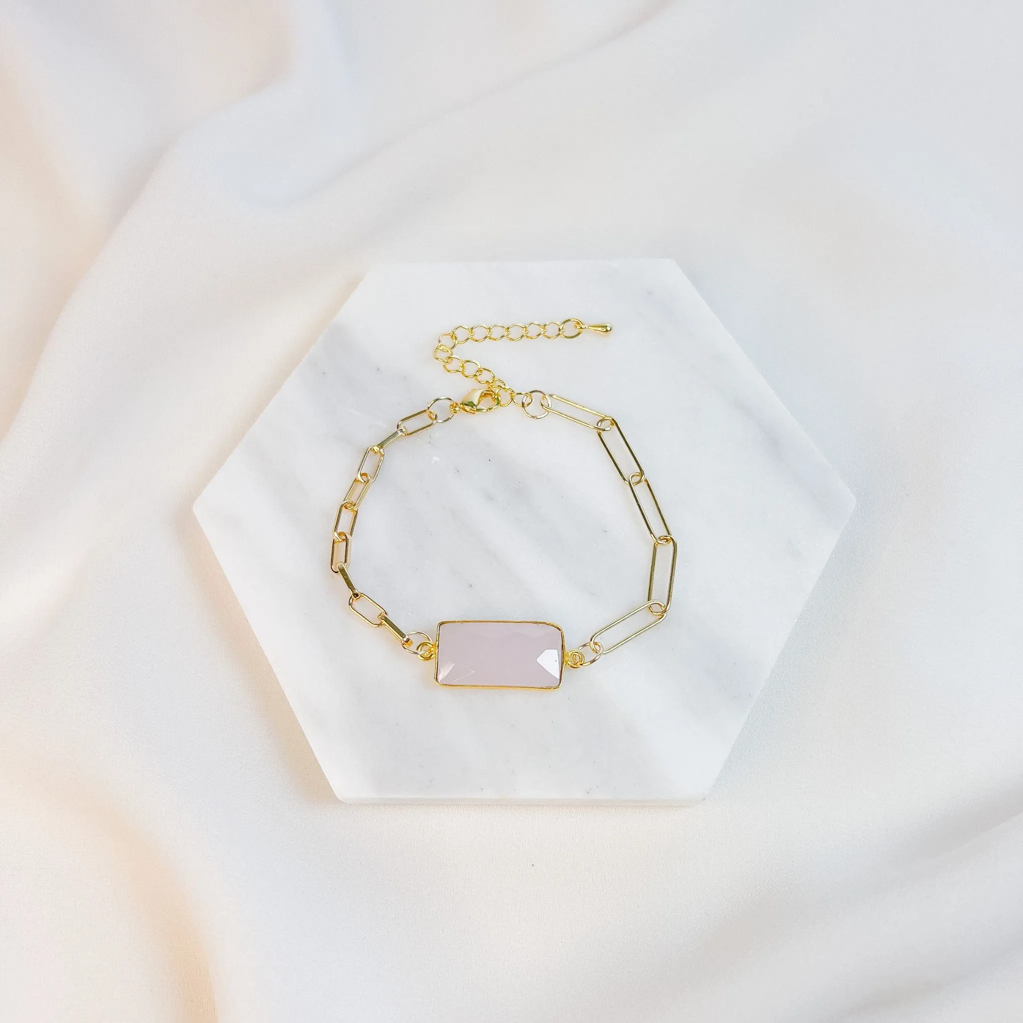 Gold Chain Rose Quartz Bezel Bracelet