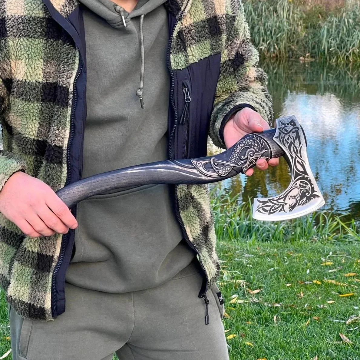 Hand Forged Fenrir Axe With Carved Handle