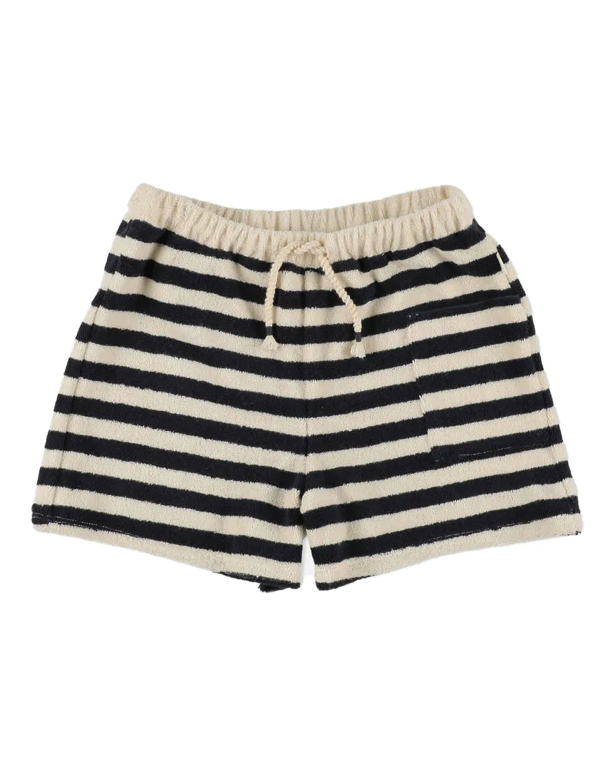 MY LITTLE COZMO Les Tresors Marines Organic Toweling Terry Stripes Shorts in Black