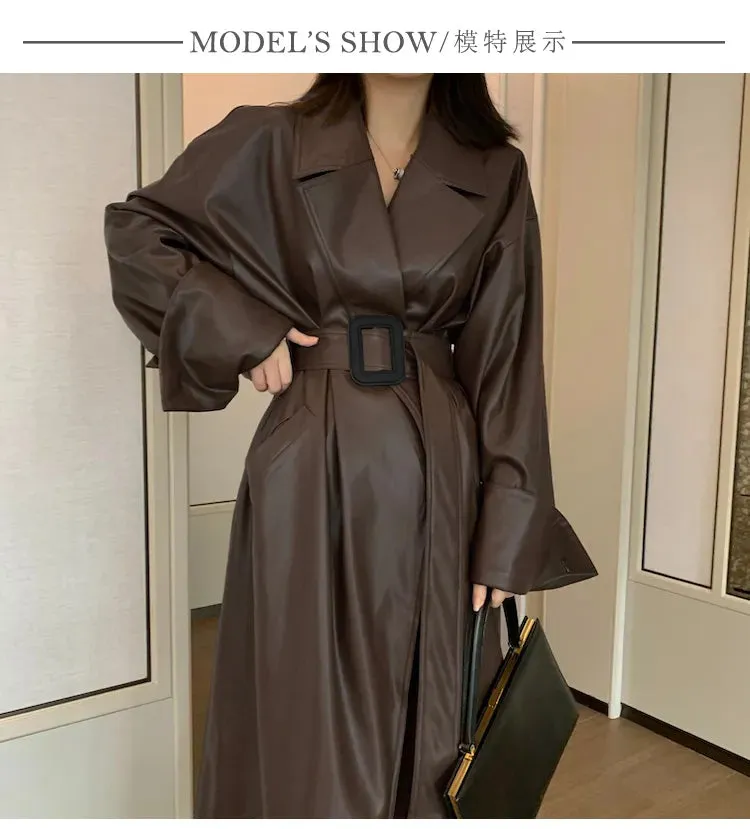 Oversized Leather Trench Coat with Long Sleeves for Women