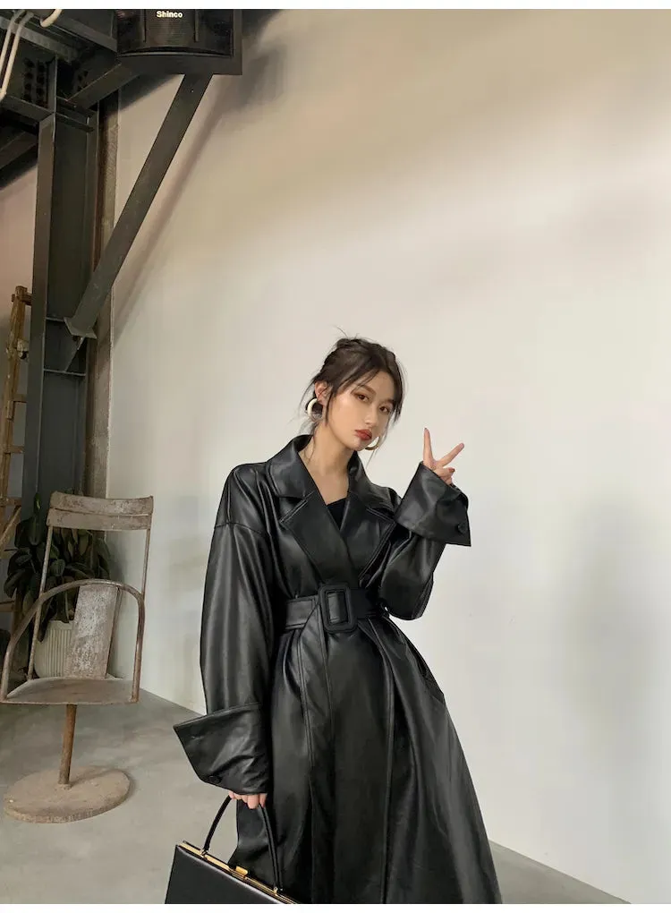 Oversized Leather Trench Coat with Long Sleeves for Women