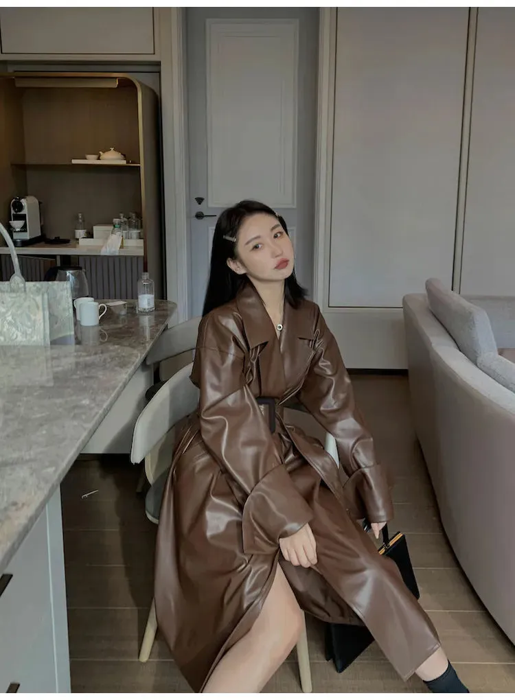 Oversized Leather Trench Coat with Long Sleeves for Women