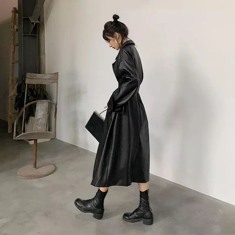 Oversized Leather Trench Coat with Long Sleeves for Women