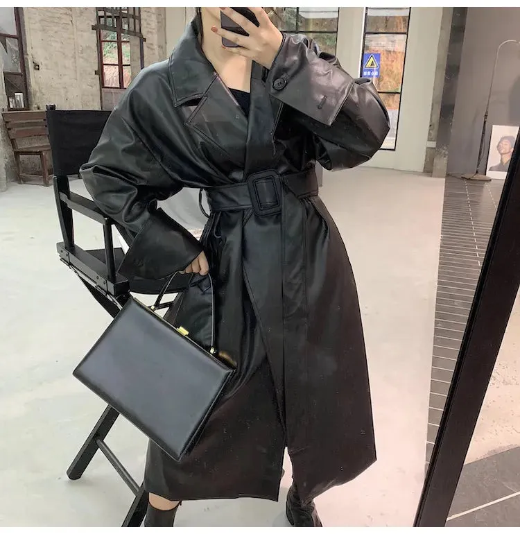 Oversized Leather Trench Coat with Long Sleeves for Women