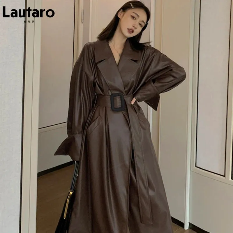 Oversized Leather Trench Coat with Long Sleeves for Women