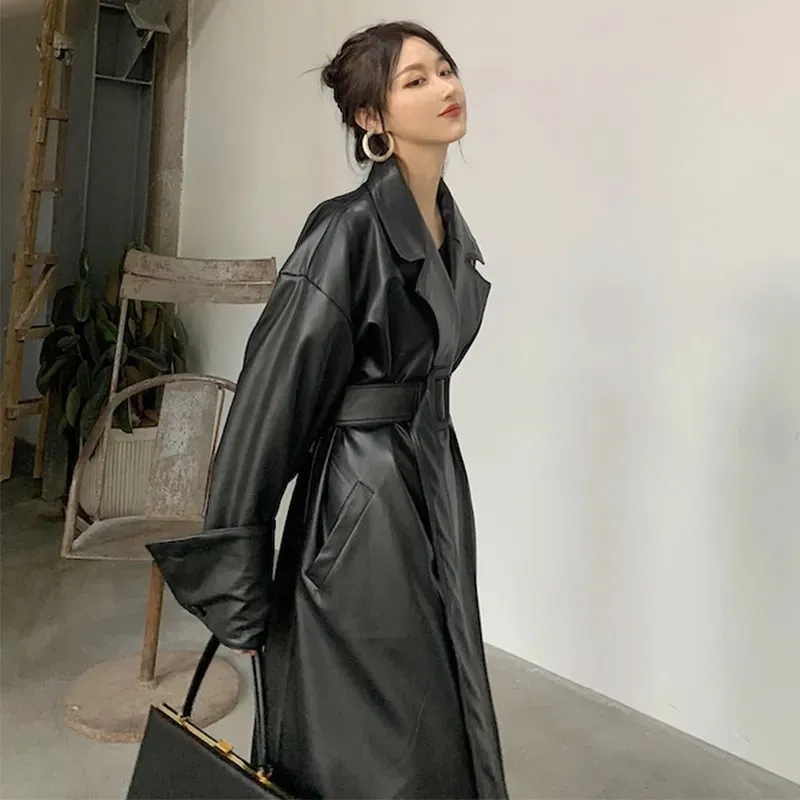 Oversized Leather Trench Coat with Long Sleeves for Women