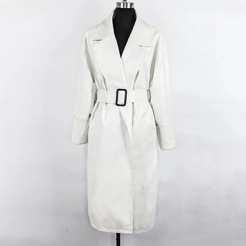 Oversized Leather Trench Coat with Long Sleeves for Women