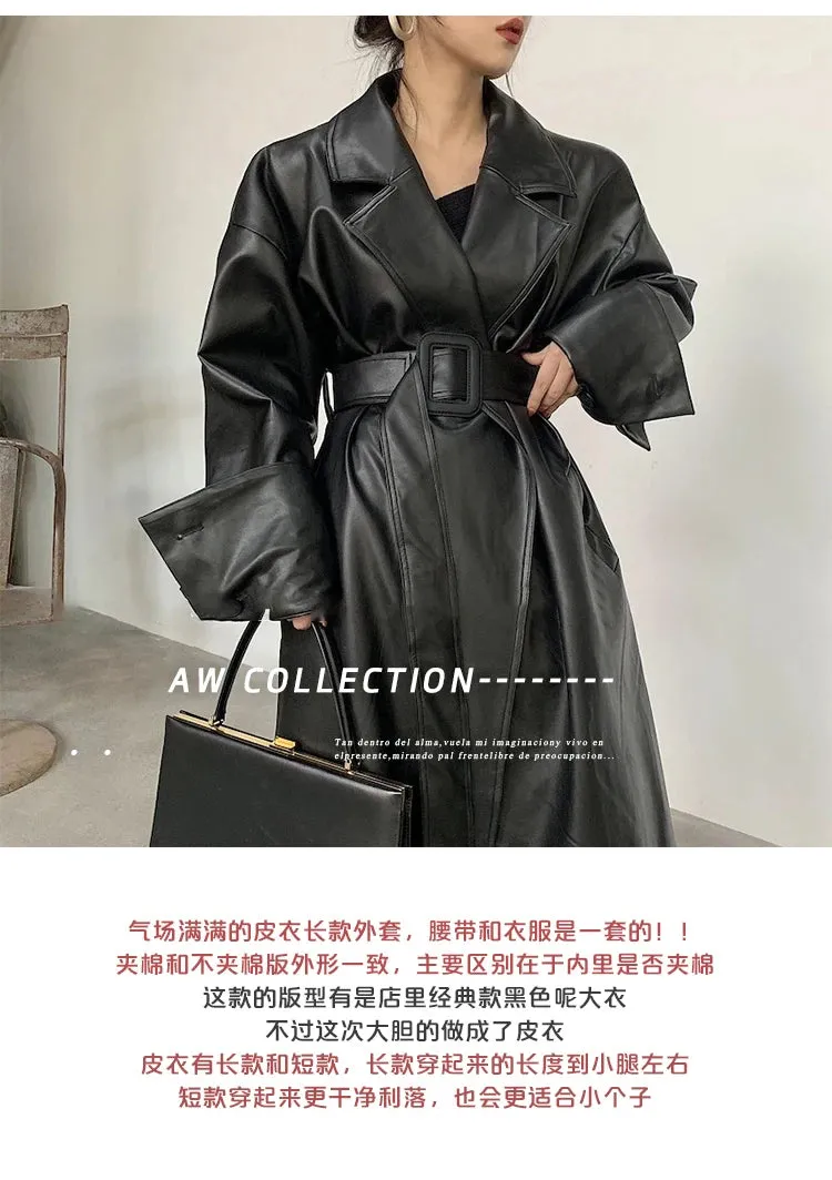 Oversized Leather Trench Coat with Long Sleeves for Women