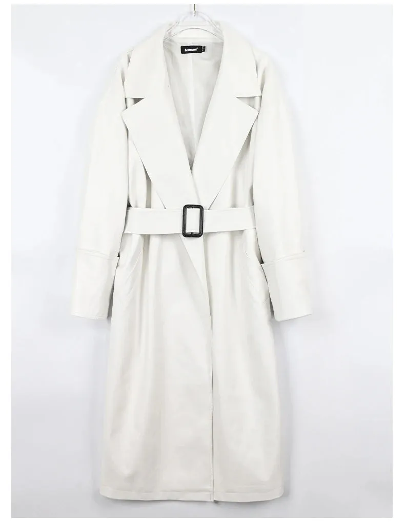 Oversized Leather Trench Coat with Long Sleeves for Women