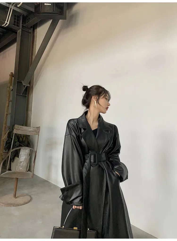 Oversized Leather Trench Coat with Long Sleeves for Women