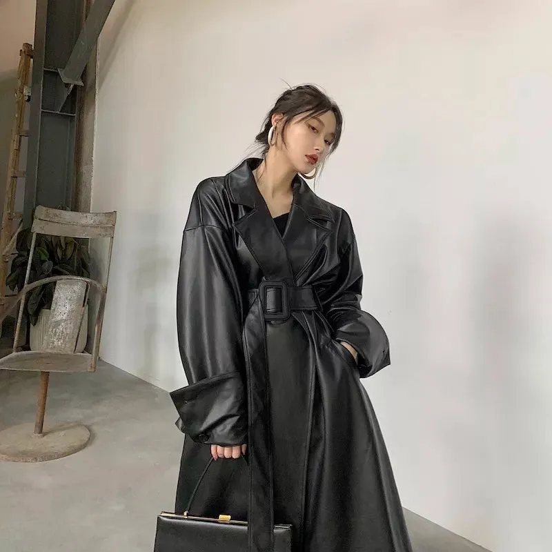 Oversized Leather Trench Coat with Long Sleeves for Women