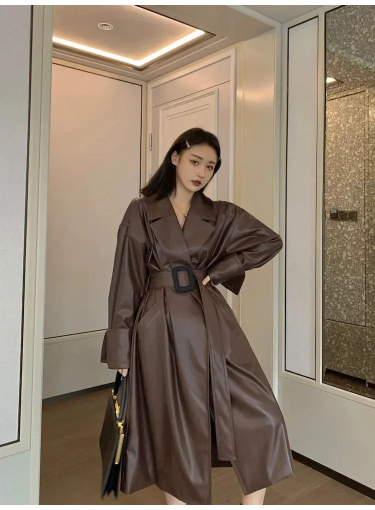 Oversized Leather Trench Coat with Long Sleeves for Women