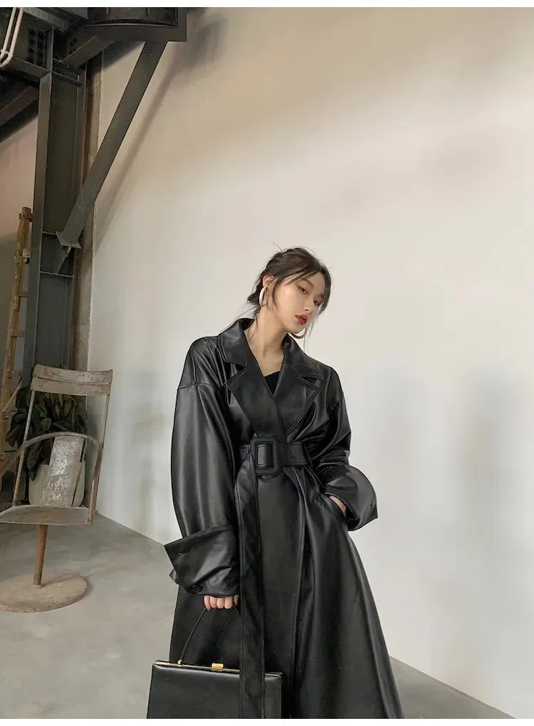 Oversized Leather Trench Coat with Long Sleeves for Women