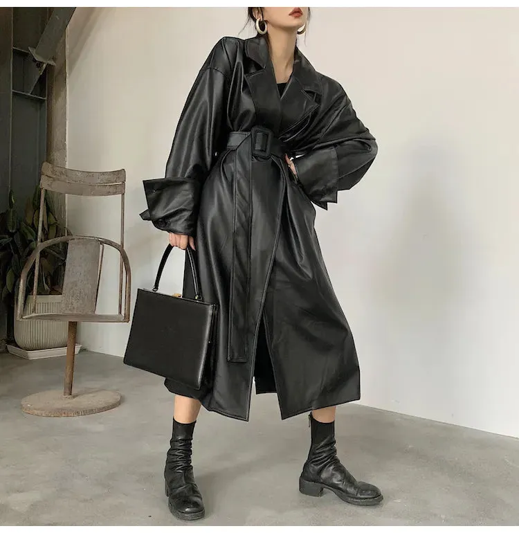 Oversized Leather Trench Coat with Long Sleeves for Women