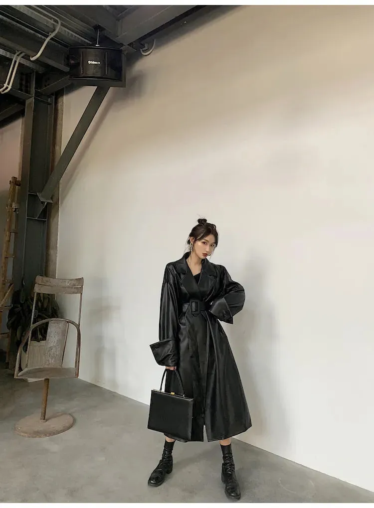 Oversized Leather Trench Coat with Long Sleeves for Women