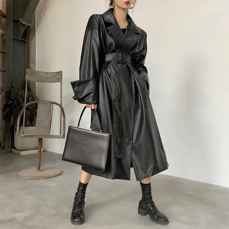 Oversized Leather Trench Coat with Long Sleeves for Women