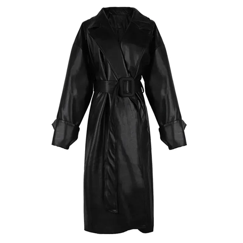 Oversized Leather Trench Coat with Long Sleeves for Women