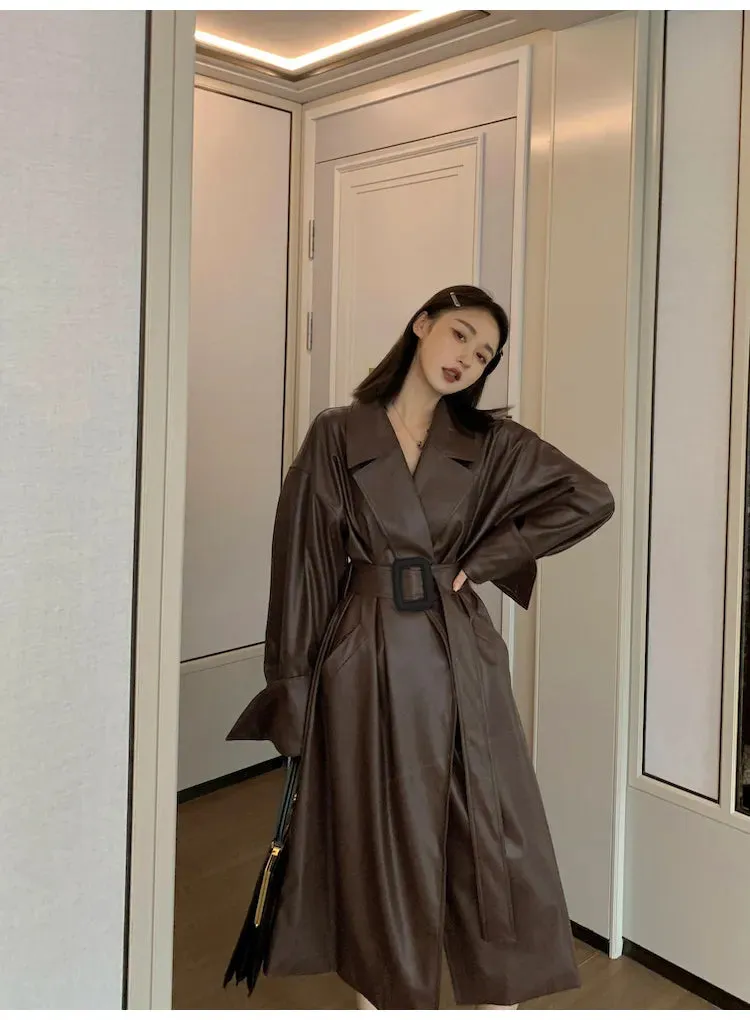 Oversized Leather Trench Coat with Long Sleeves for Women