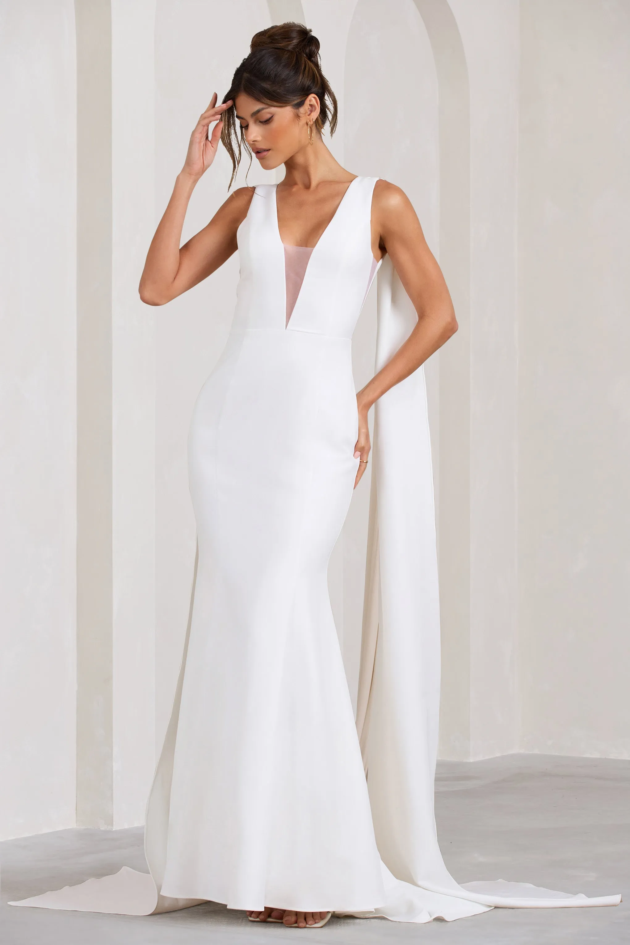 Rosaline | White Plunging Fishtail Maxi Dress With Cape