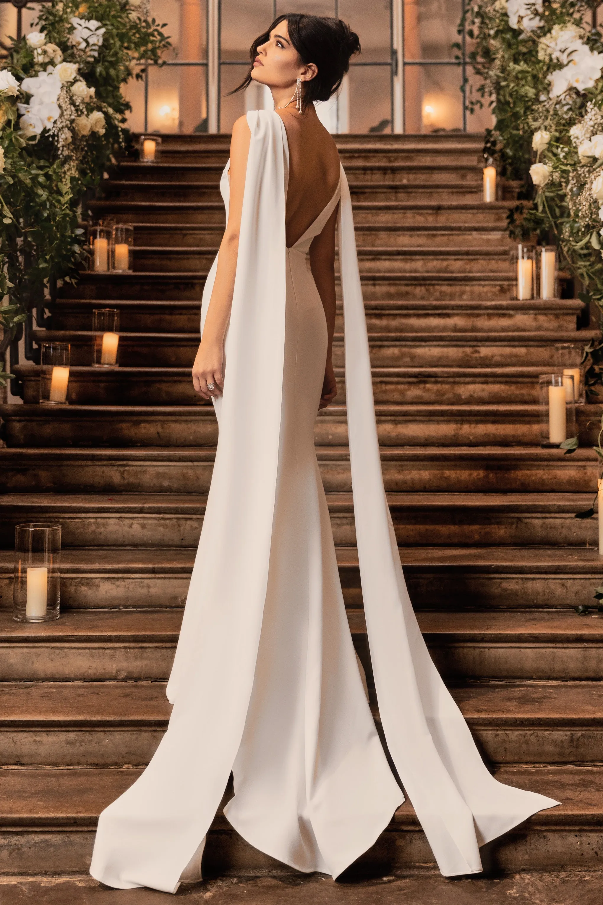 Rosaline | White Plunging Fishtail Maxi Dress With Cape