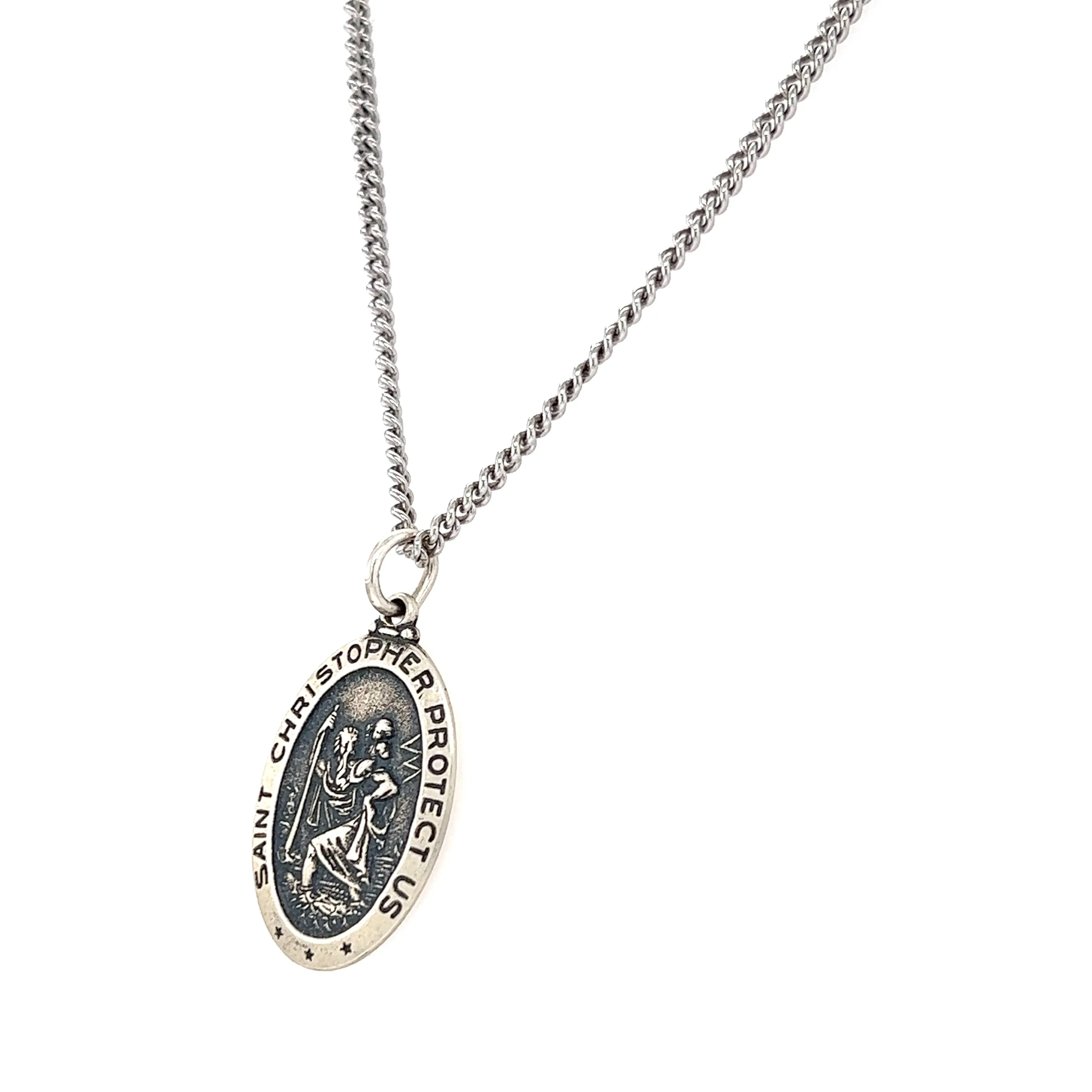 St. Christopher Necklace with Continuous Cable Chain in Sterling Silver