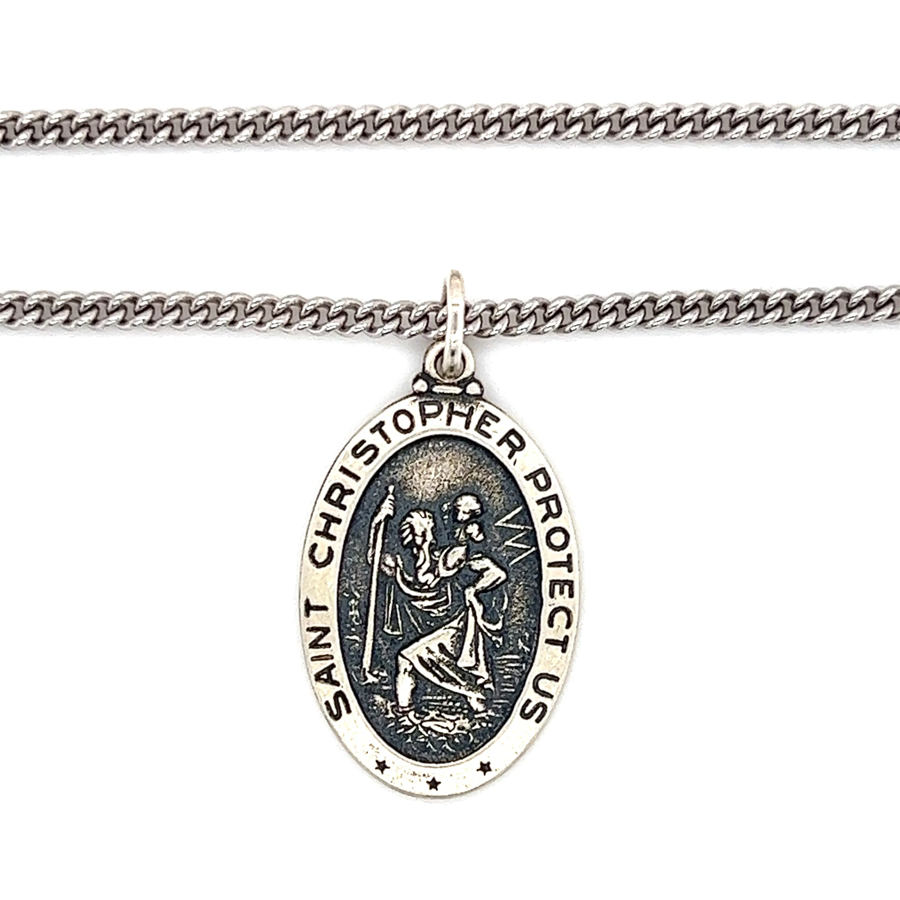 St. Christopher Necklace with Continuous Cable Chain in Sterling Silver