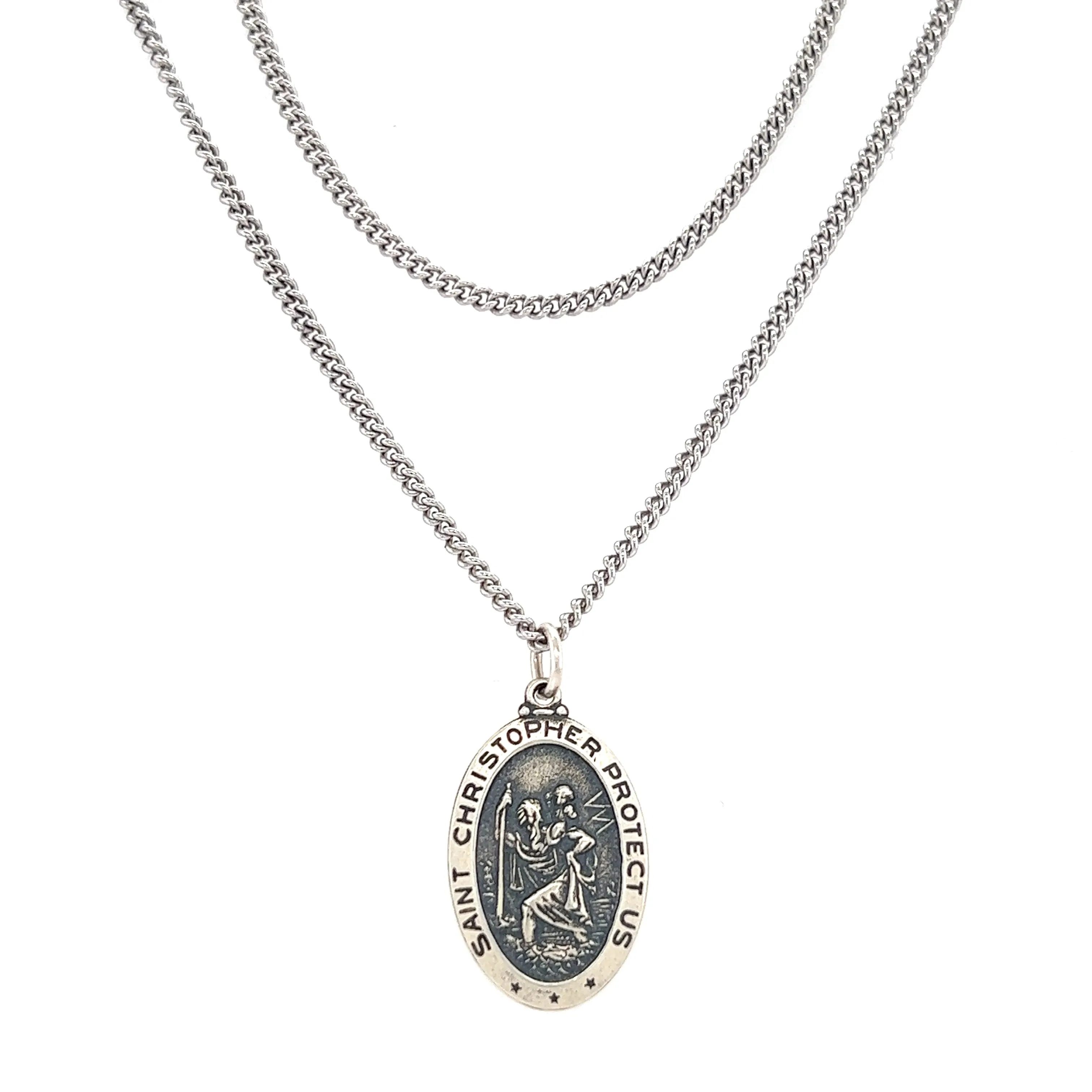 St. Christopher Necklace with Continuous Cable Chain in Sterling Silver