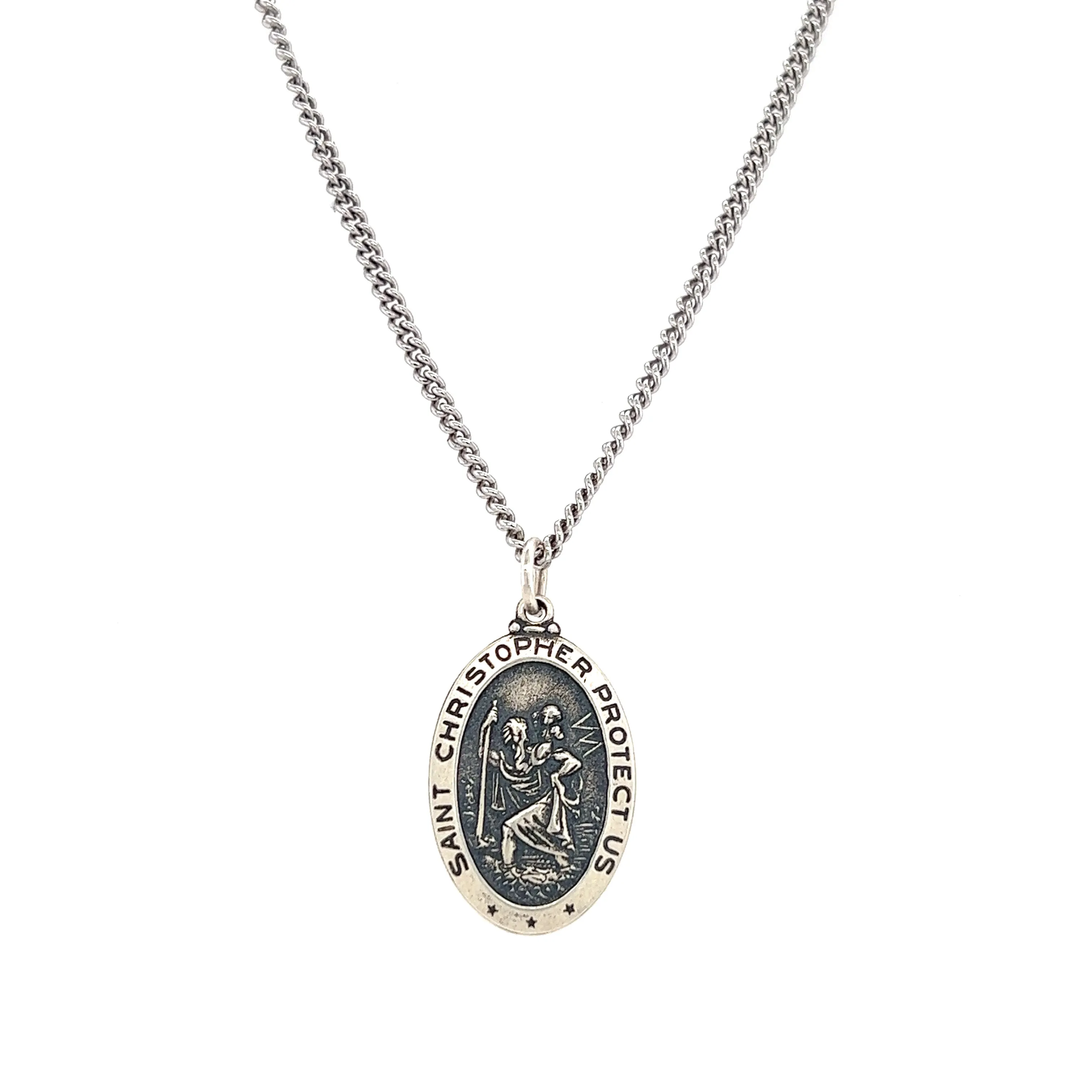 St. Christopher Necklace with Continuous Cable Chain in Sterling Silver